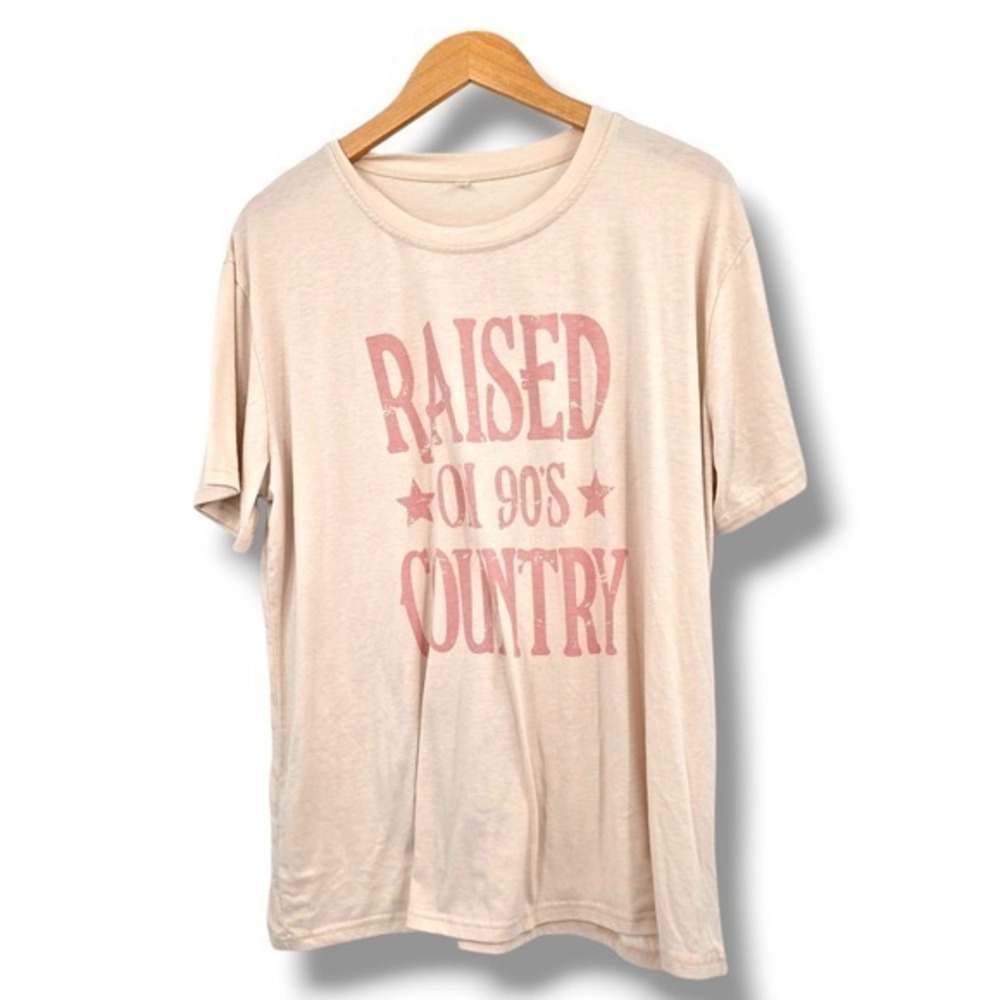 Womens 2XL Raised On 90s Country Graphic T-Shirt Short Sleeve‎ Beige Top